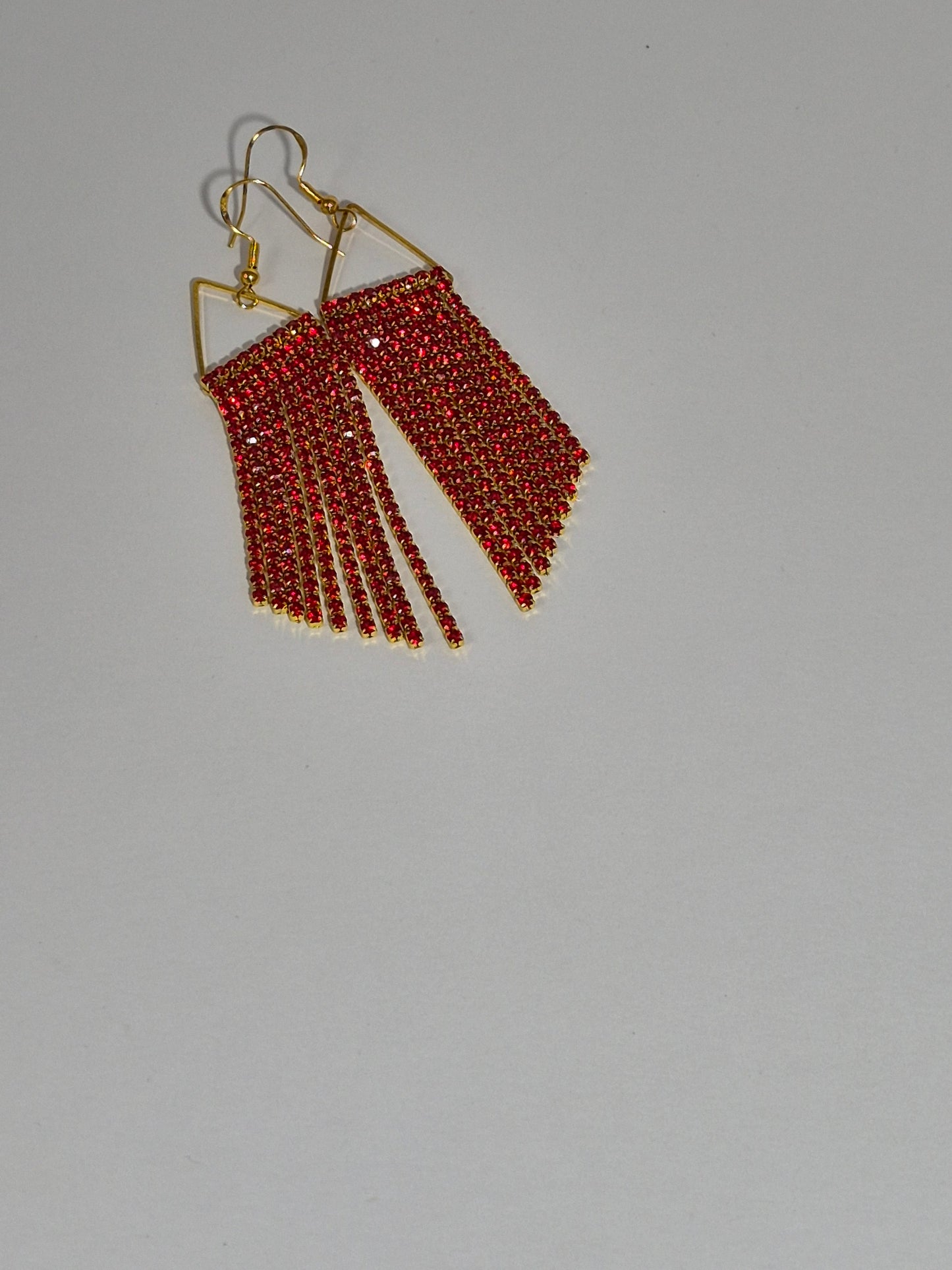 Ruby Red & Gold Cup Chain Fringe Earrings | 3.5 Inch Rhinestone Cascade | Handmade Statement Earrings