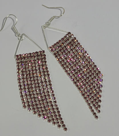 Lavender Rhinestone Fringe Earrings | Long Silver Dangle Earrings | Crystal Statement Jewelry | Handmade Fringe Earrings
