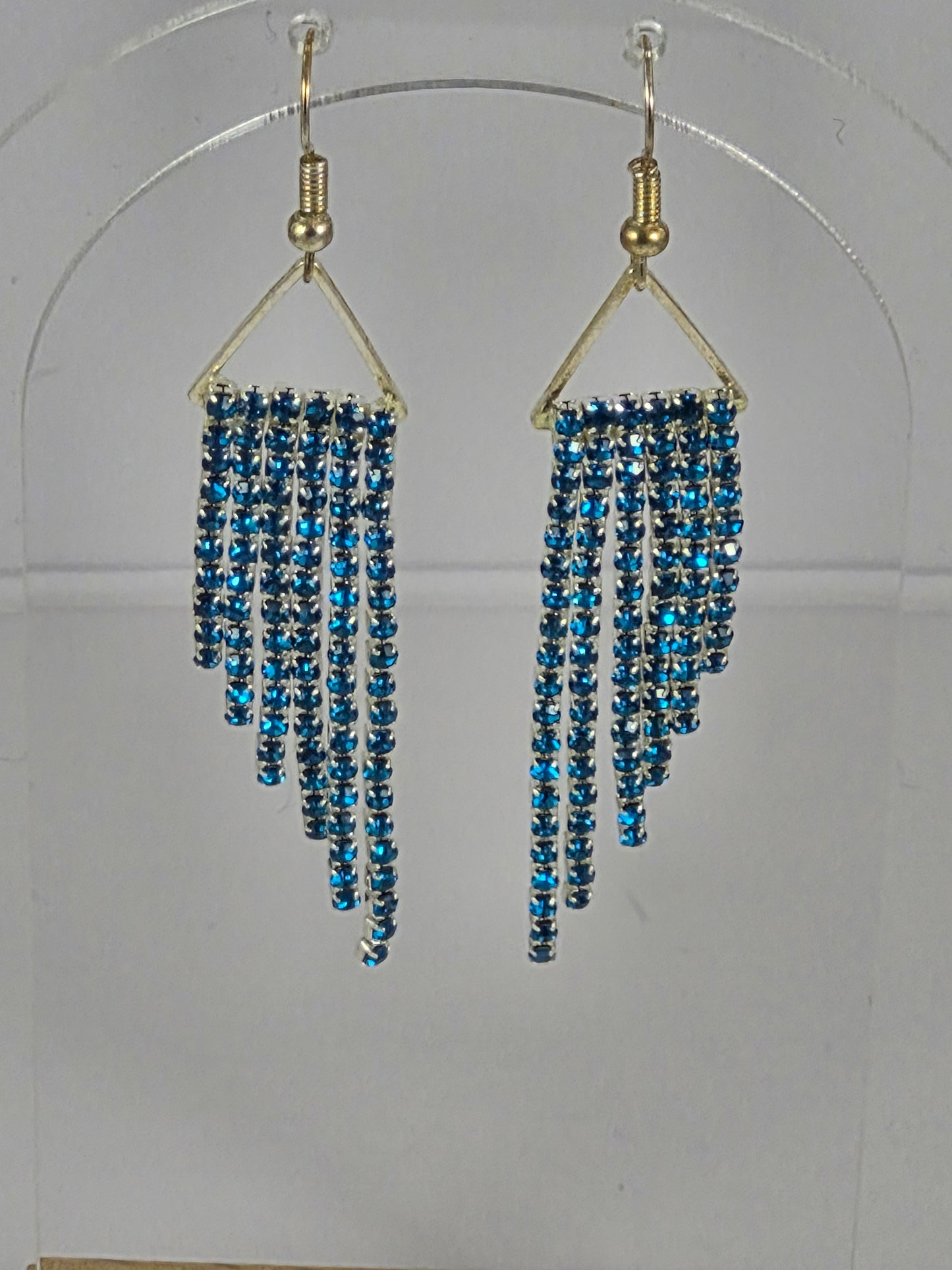 Teal Crystal Cup Chain Fringe Earrings | 3 Inch Rhinestone Waterfall | Handmade Statement Earrings