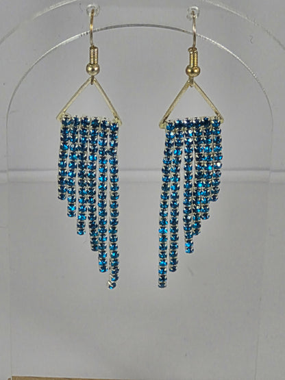 Teal Crystal Cup Chain Fringe Earrings | 3 Inch Rhinestone Waterfall | Handmade Statement Earrings