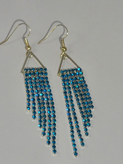 Teal Crystal Cup Chain Fringe Earrings | 3 Inch Rhinestone Waterfall | Handmade Statement Earrings