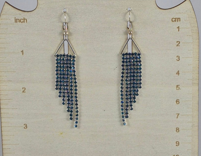 Teal Crystal Cup Chain Fringe Earrings | 3 Inch Rhinestone Waterfall | Handmade Statement Earrings