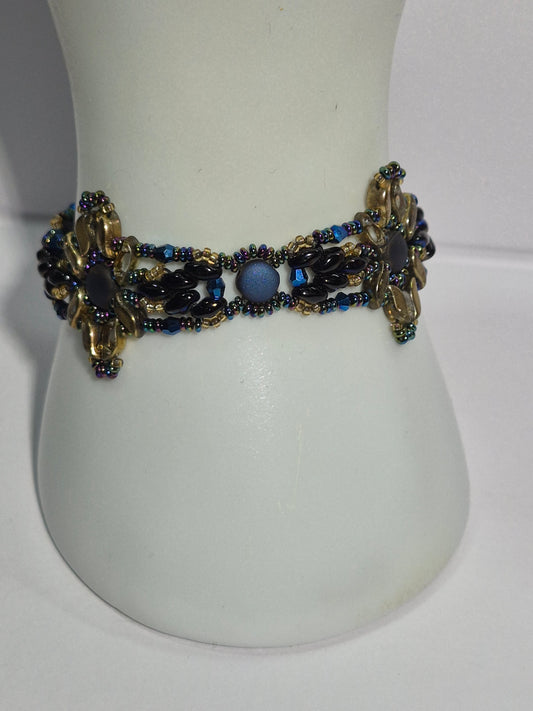 Blue & Gold Floral Woven Bracelet, Handmade Czech Glass Bead Bracelet with Matte Blue Coin Beads & Multicolor Rondelles, Artisan Statement Jewelry, Gift for Her