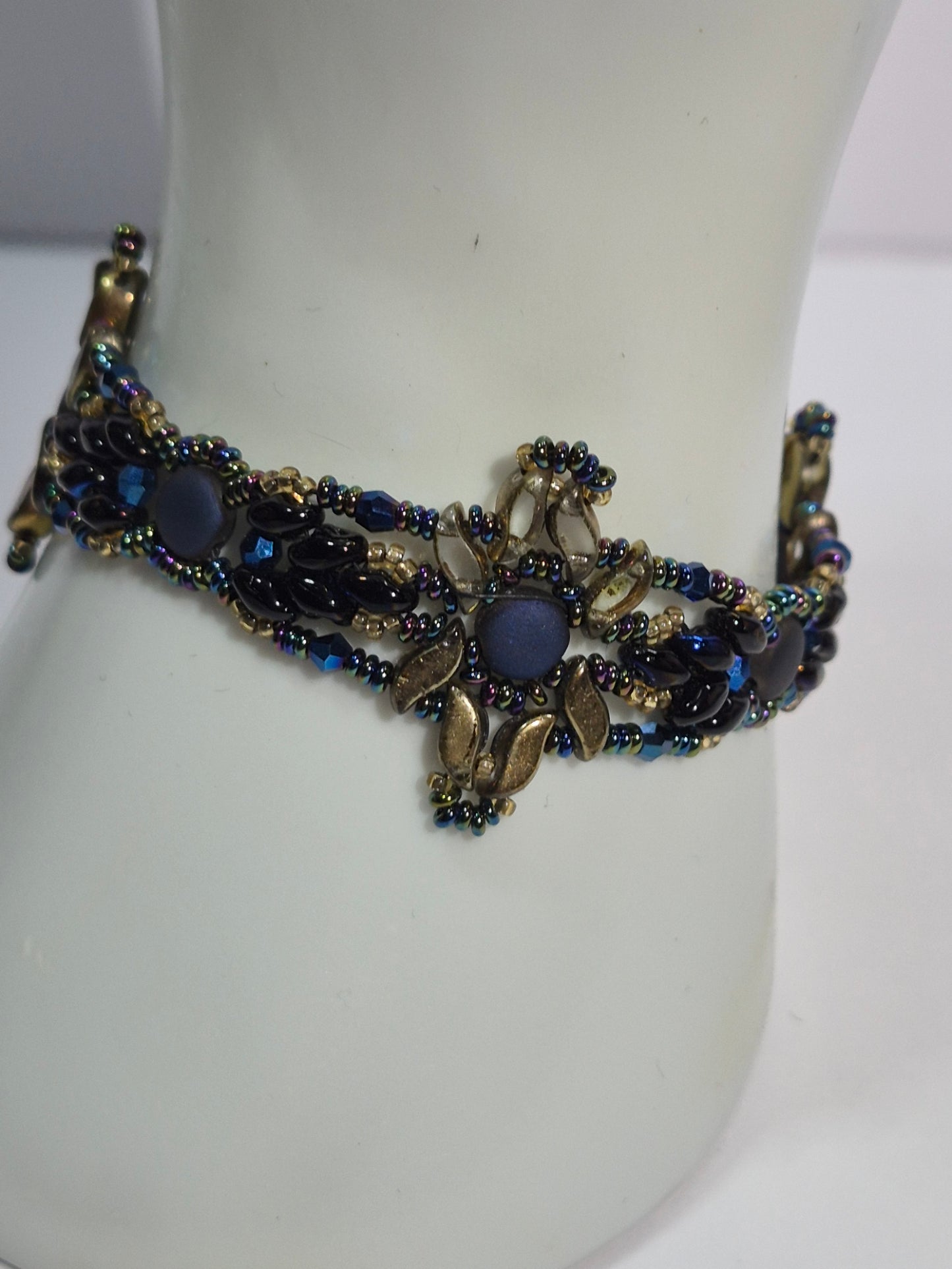 Blue & Gold Floral Woven Bracelet, Handmade Czech Glass Bead Bracelet with Matte Blue Coin Beads & Multicolor Rondelles, Artisan Statement Jewelry, Gift for Her