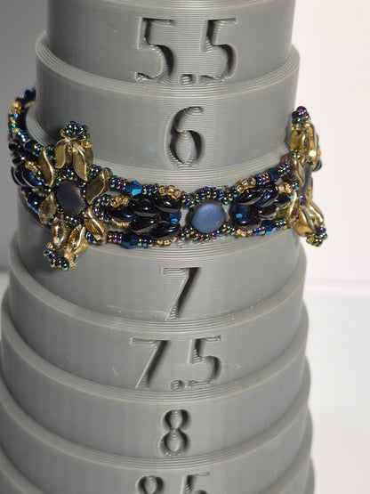 Blue & Gold Floral Woven Bracelet, Handmade Czech Glass Bead Bracelet with Matte Blue Coin Beads & Multicolor Rondelles, Artisan Statement Jewelry, Gift for Her