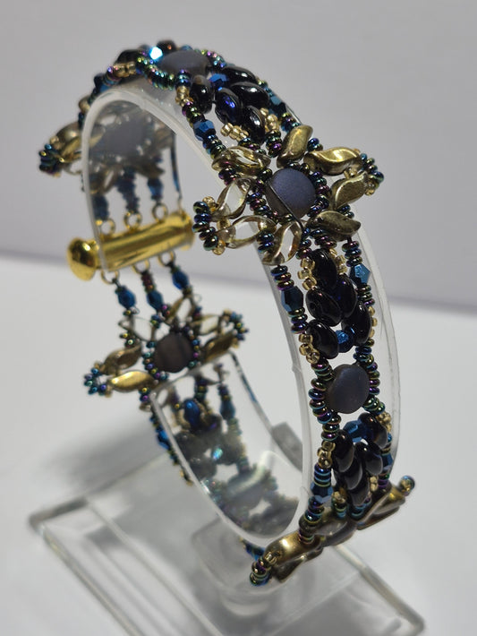 Blue & Gold Floral Woven Bracelet, Handmade Czech Glass Bead Bracelet with Matte Blue Coin Beads & Multicolor Rondelles, Artisan Statement Jewelry, Gift for Her