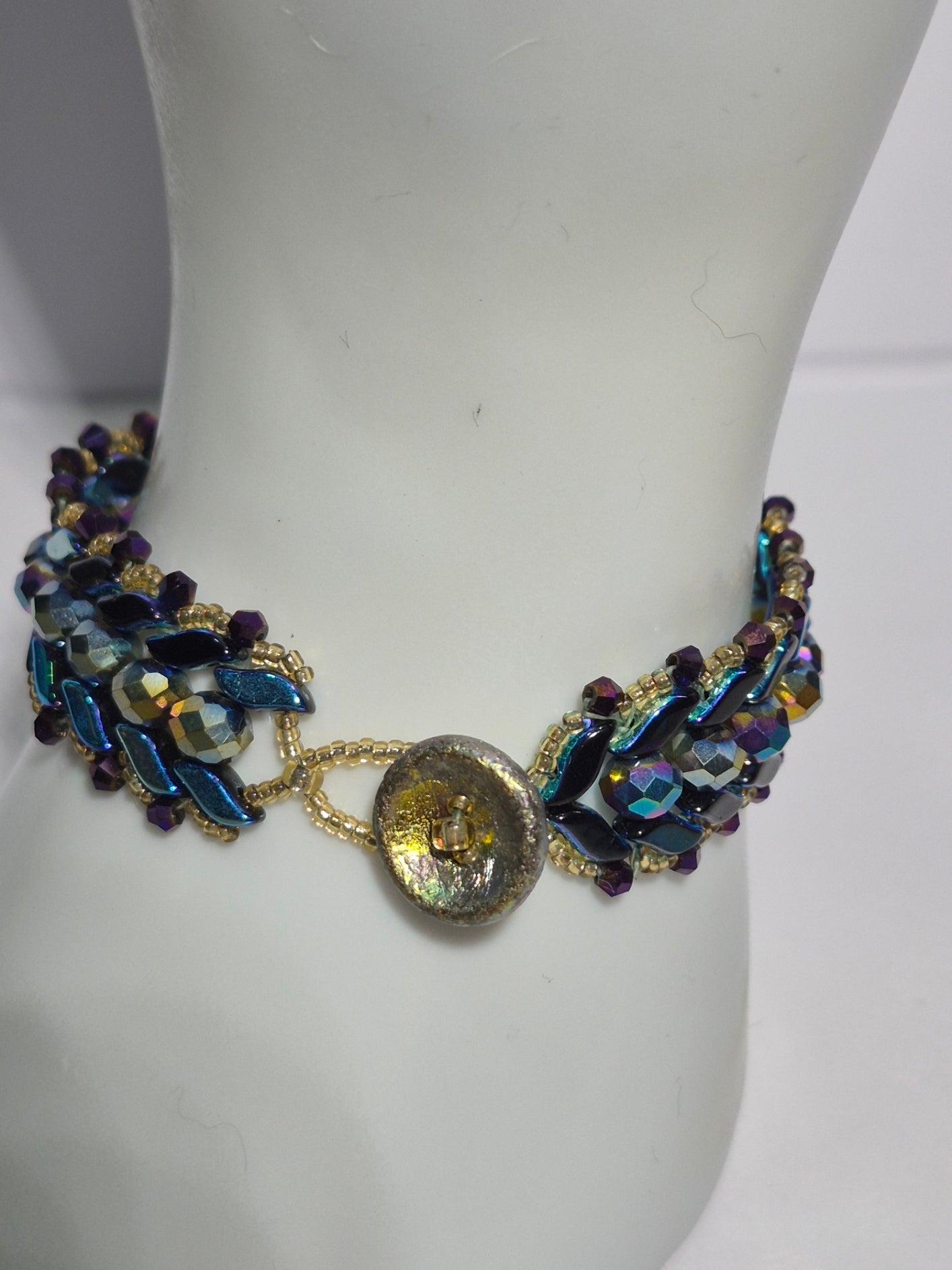Peacock Iridescent Chevron Woven Bracelet, Handmade Czech Glass Bead Bracelet with 6mm Rondelles & Gold Miyuki Seed Beads, Artisan Statement Jewelry, Gift for Her