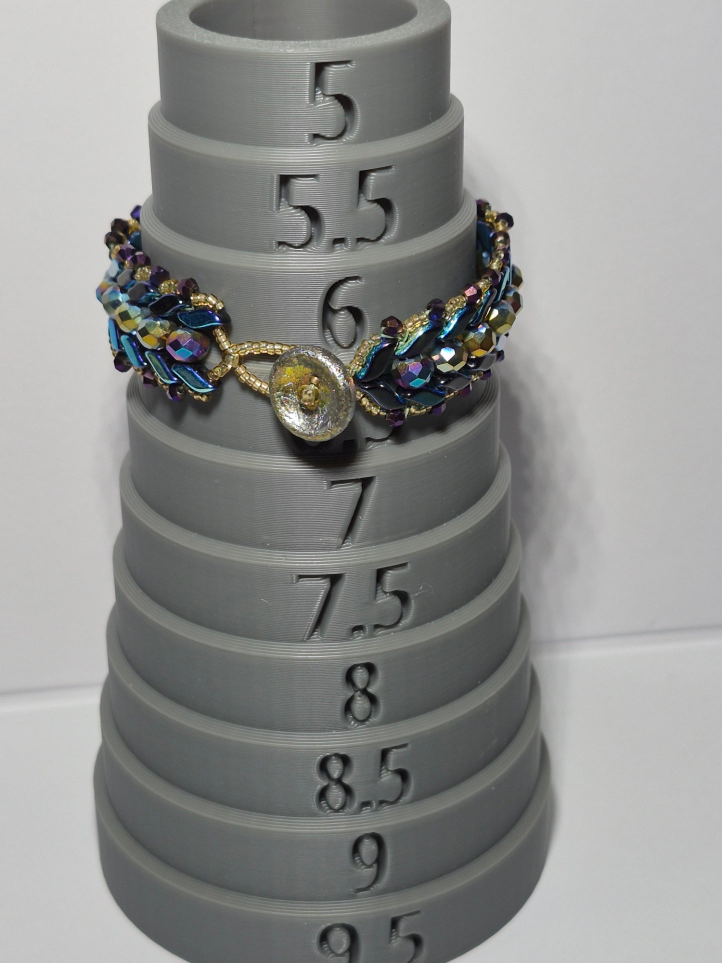 Peacock Iridescent Chevron Woven Bracelet, Handmade Czech Glass Bead Bracelet with 6mm Rondelles & Gold Miyuki Seed Beads, Artisan Statement Jewelry, Gift for Her