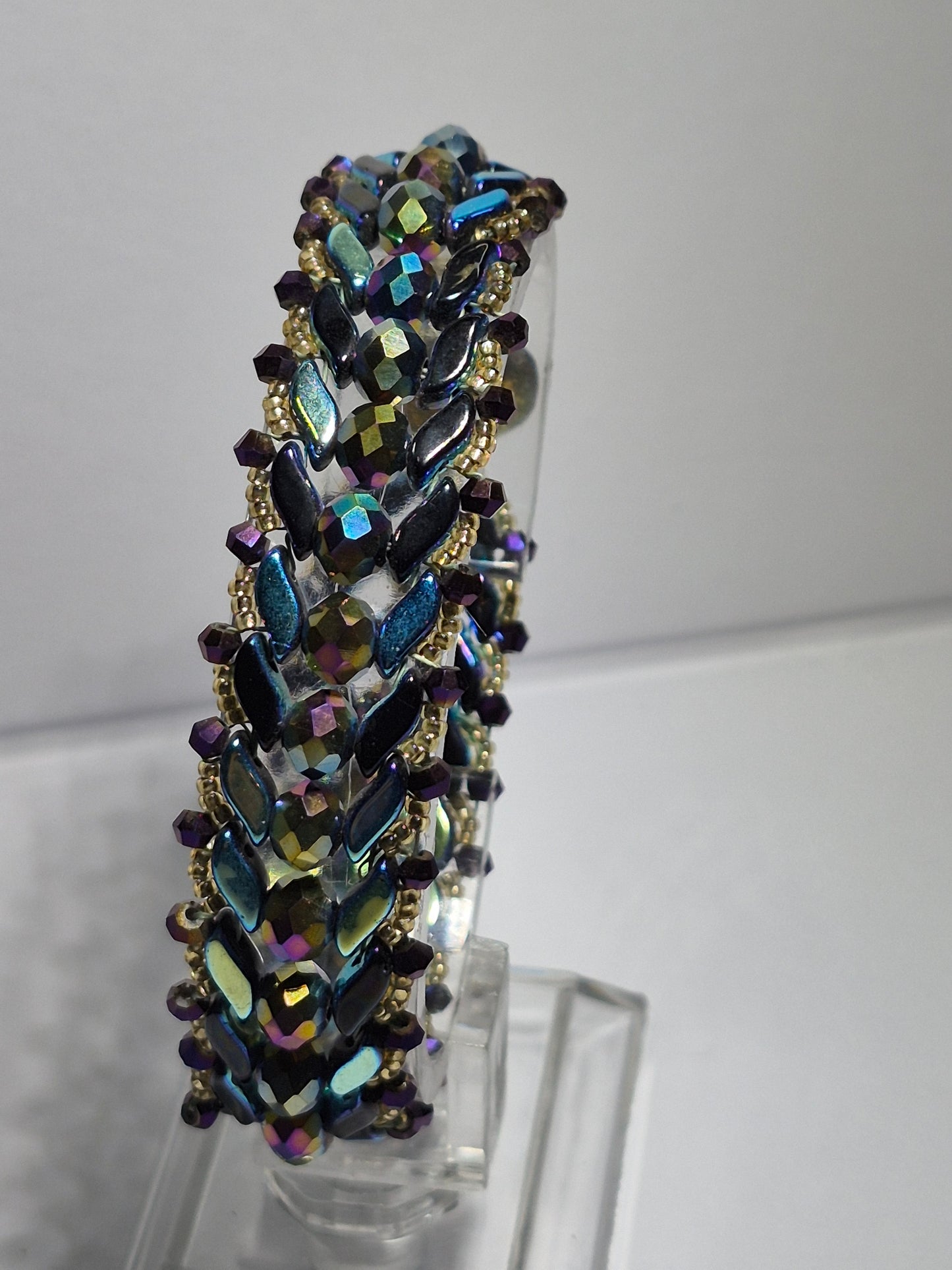 Peacock Iridescent Chevron Woven Bracelet, Handmade Czech Glass Bead Bracelet with 6mm Rondelles & Gold Miyuki Seed Beads, Artisan Statement Jewelry, Gift for Her
