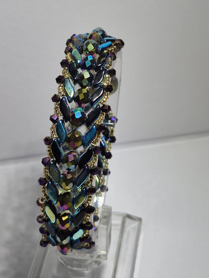 Peacock Iridescent Chevron Woven Bracelet, Handmade Czech Glass Bead Bracelet with 6mm Rondelles & Gold Miyuki Seed Beads, Artisan Statement Jewelry, Gift for Her