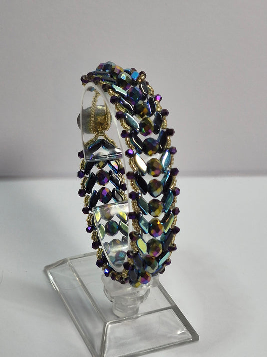 Peacock Iridescent Chevron Woven Bracelet, Handmade Czech Glass Bead Bracelet with 6mm Rondelles & Gold Miyuki Seed Beads, Artisan Statement Jewelry, Gift for Her