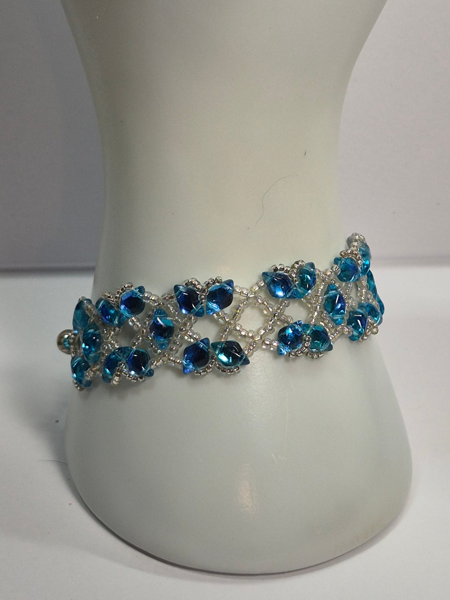 Ocean Blue Diamond Lattice Woven Bracelet, Handmade Czech Glass Bead Bracelet with Miyuki Seed Beads, Artisan Statement Jewelry, Gift for Her