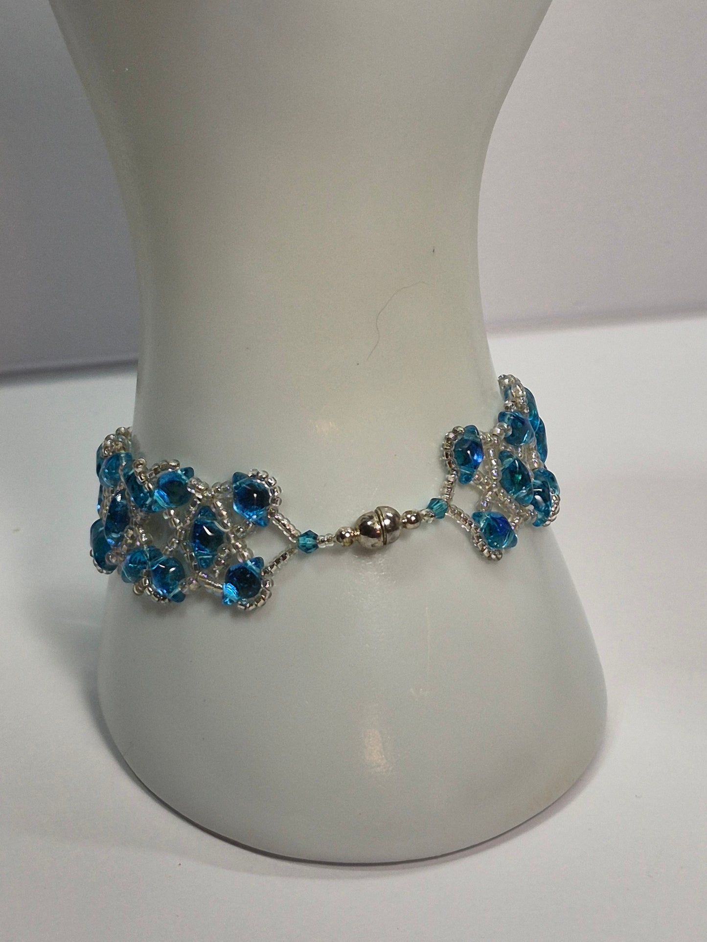 Ocean Blue Diamond Lattice Woven Bracelet, Handmade Czech Glass Bead Bracelet with Miyuki Seed Beads, Artisan Statement Jewelry, Gift for Her