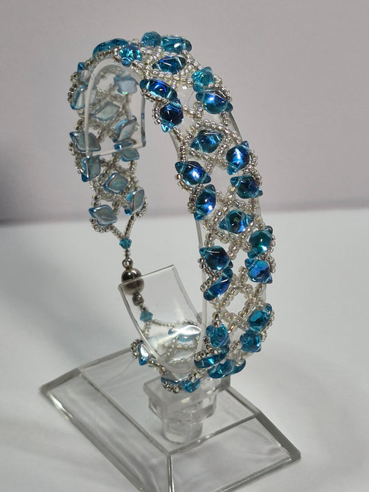 Ocean Blue Diamond Lattice Woven Bracelet, Handmade Czech Glass Bead Bracelet with Miyuki Seed Beads, Artisan Statement Jewelry, Gift for Her