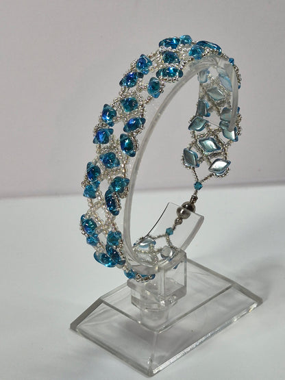 Ocean Blue Diamond Lattice Woven Bracelet, Handmade Czech Glass Bead Bracelet with Miyuki Seed Beads, Artisan Statement Jewelry, Gift for Her