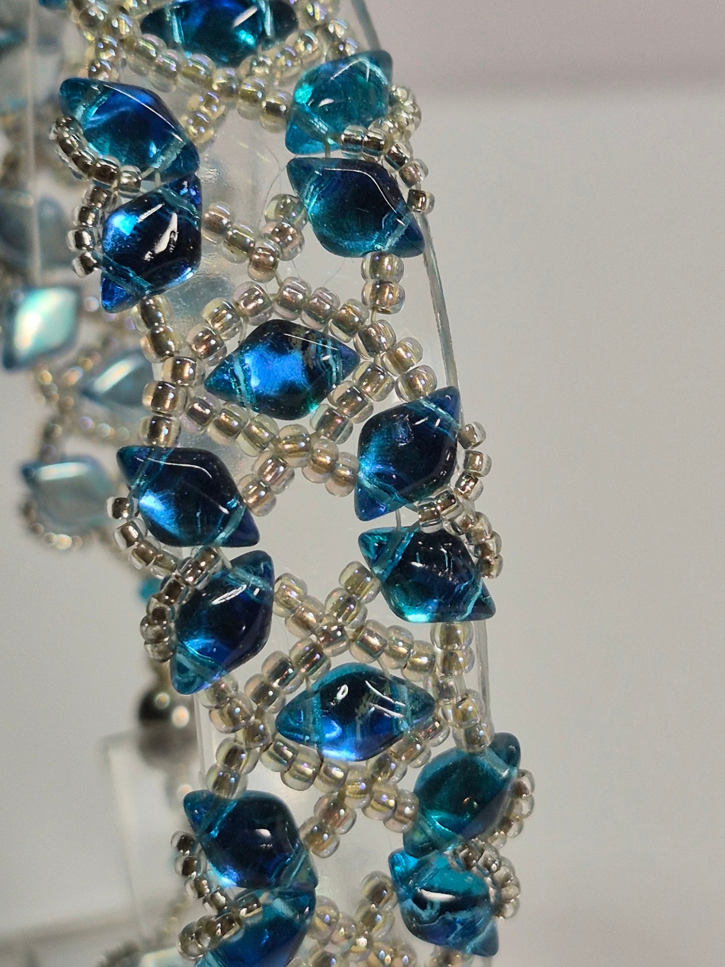 Ocean Blue Diamond Lattice Woven Bracelet, Handmade Czech Glass Bead Bracelet with Miyuki Seed Beads, Artisan Statement Jewelry, Gift for Her