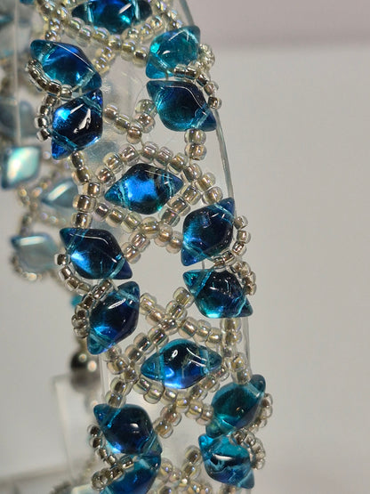 Ocean Blue Diamond Lattice Woven Bracelet, Handmade Czech Glass Bead Bracelet with Miyuki Seed Beads, Artisan Statement Jewelry, Gift for Her