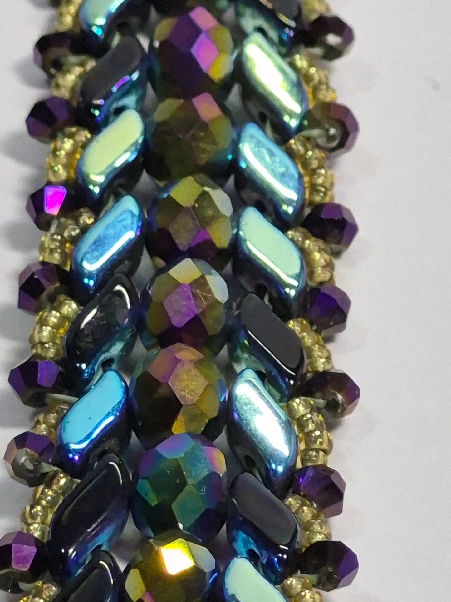 Peacock Iridescent Chevron Woven Bracelet, Handmade Czech Glass Bead Bracelet with 6mm Rondelles & Gold Miyuki Seed Beads, Artisan Statement Jewelry, Gift for Her