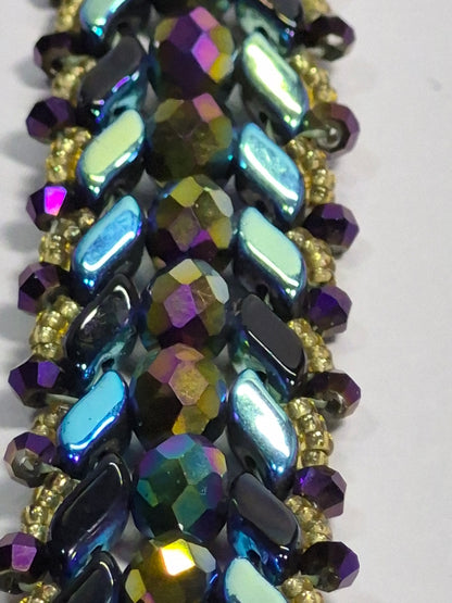 Peacock Iridescent Chevron Woven Bracelet, Handmade Czech Glass Bead Bracelet with 6mm Rondelles & Gold Miyuki Seed Beads, Artisan Statement Jewelry, Gift for Her