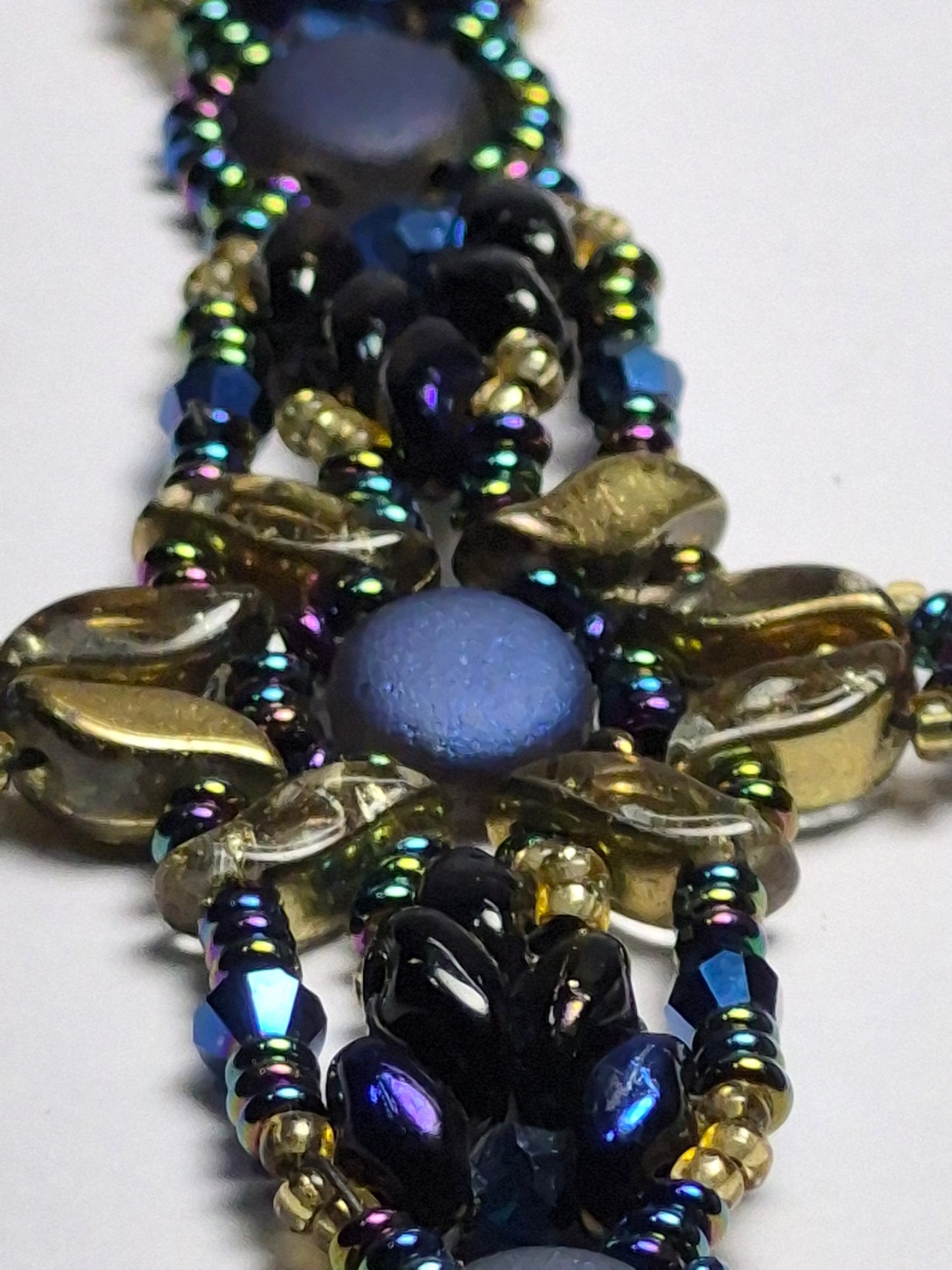 Blue & Gold Floral Woven Bracelet, Handmade Czech Glass Bead Bracelet with Matte Blue Coin Beads & Multicolor Rondelles, Artisan Statement Jewelry, Gift for Her