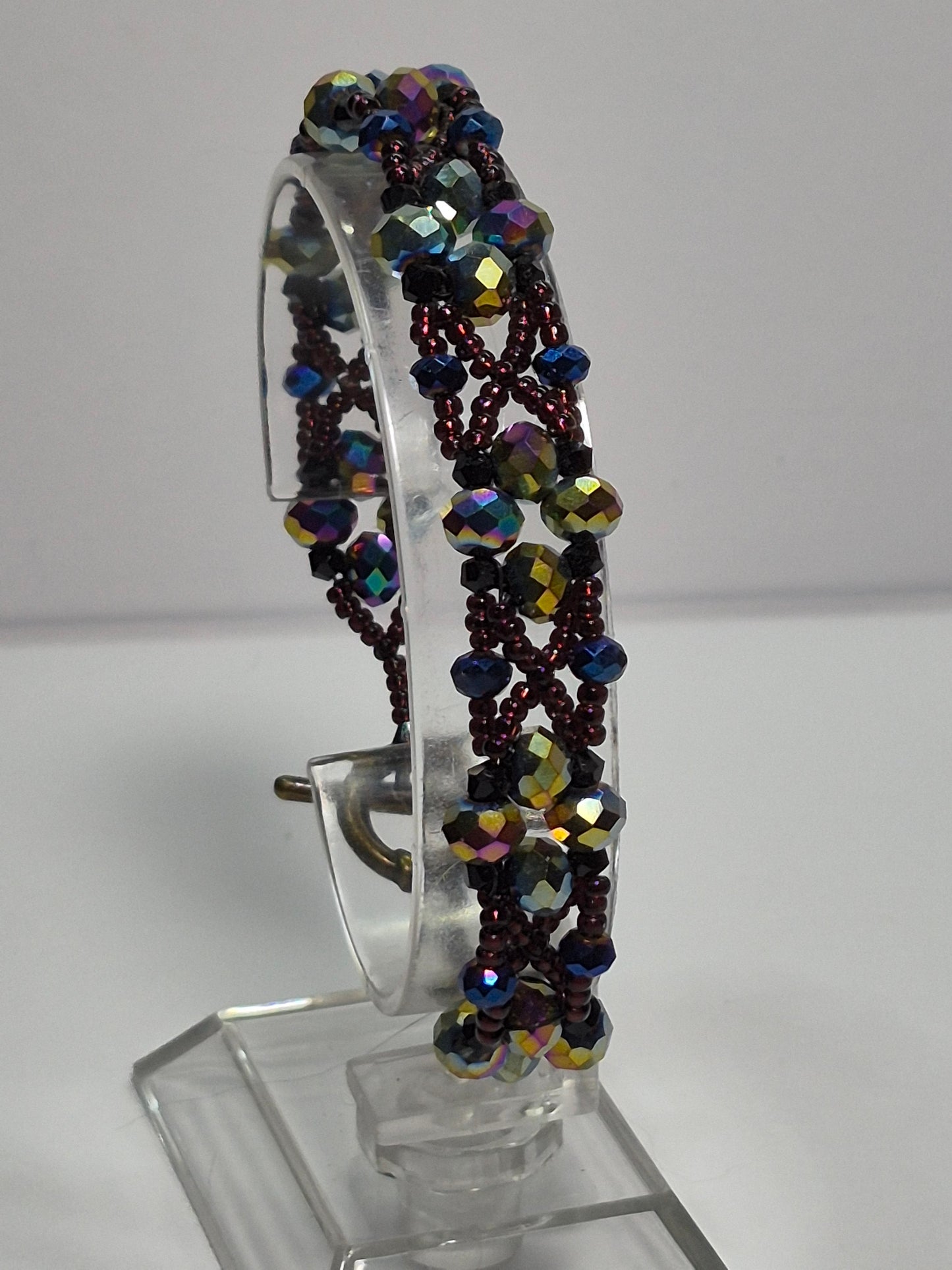 Dark Iridescent Wave Woven Bracelet, Handmade Beaded Bracelet with Multicolor Rondelles & Purple Miyuki Seed Beads, Artisan Statement Jewelry, Gift for Her
