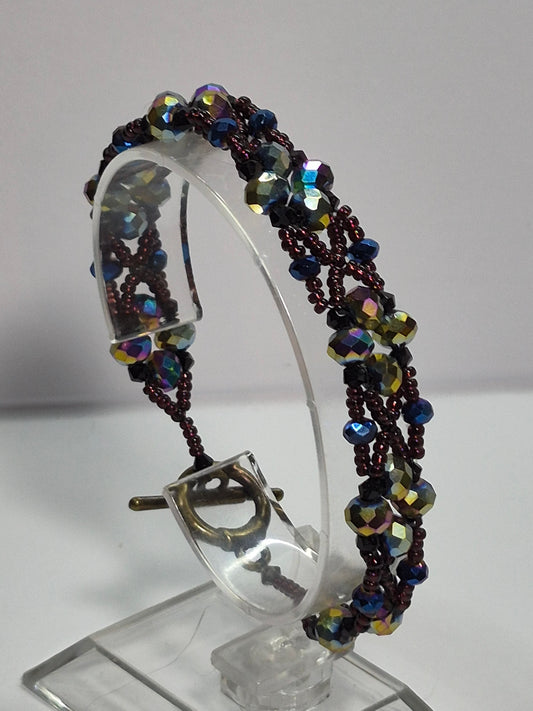 Dark Iridescent Wave Woven Bracelet, Handmade Beaded Bracelet with Multicolor Rondelles & Purple Miyuki Seed Beads, Artisan Statement Jewelry, Gift for Her