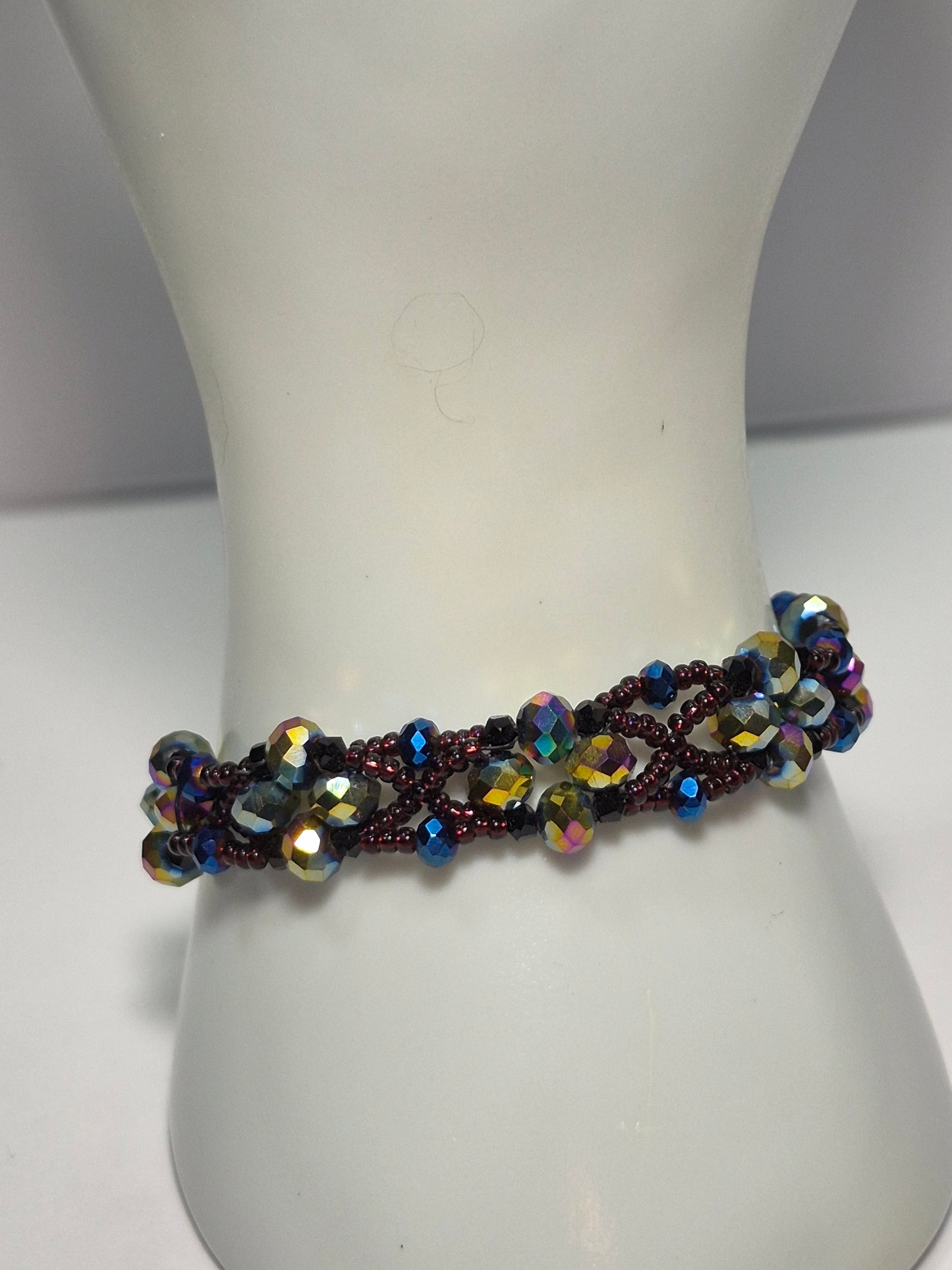 Dark Iridescent Wave Woven Bracelet, Handmade Beaded Bracelet with Multicolor Rondelles & Purple Miyuki Seed Beads, Artisan Statement Jewelry, Gift for Her