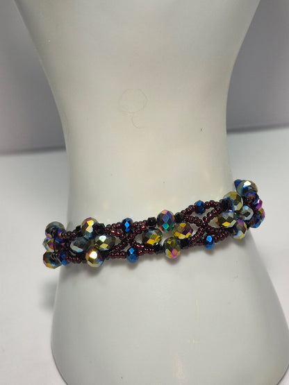 Dark Iridescent Wave Woven Bracelet, Handmade Beaded Bracelet with Multicolor Rondelles & Purple Miyuki Seed Beads, Artisan Statement Jewelry, Gift for Her