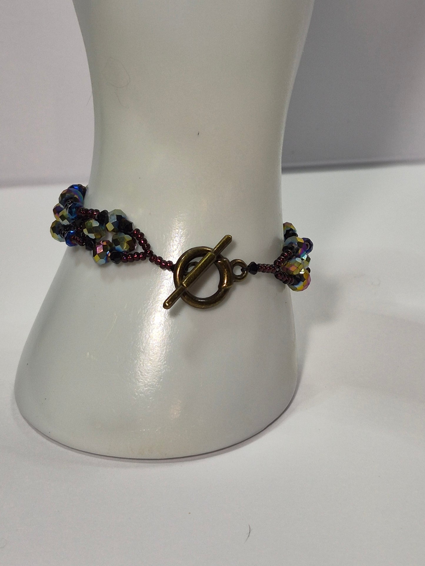 Dark Iridescent Wave Woven Bracelet, Handmade Beaded Bracelet with Multicolor Rondelles & Purple Miyuki Seed Beads, Artisan Statement Jewelry, Gift for Her