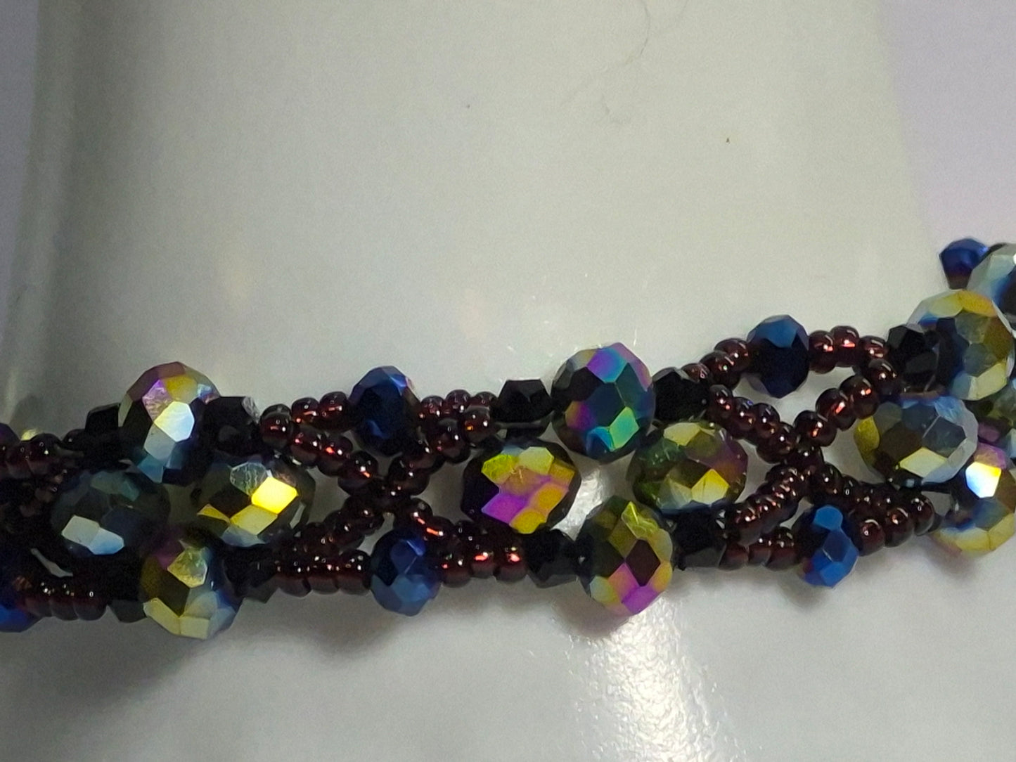 Dark Iridescent Wave Woven Bracelet, Handmade Beaded Bracelet with Multicolor Rondelles & Purple Miyuki Seed Beads, Artisan Statement Jewelry, Gift for Her