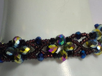 Dark Iridescent Wave Woven Bracelet, Handmade Beaded Bracelet with Multicolor Rondelles & Purple Miyuki Seed Beads, Artisan Statement Jewelry, Gift for Her