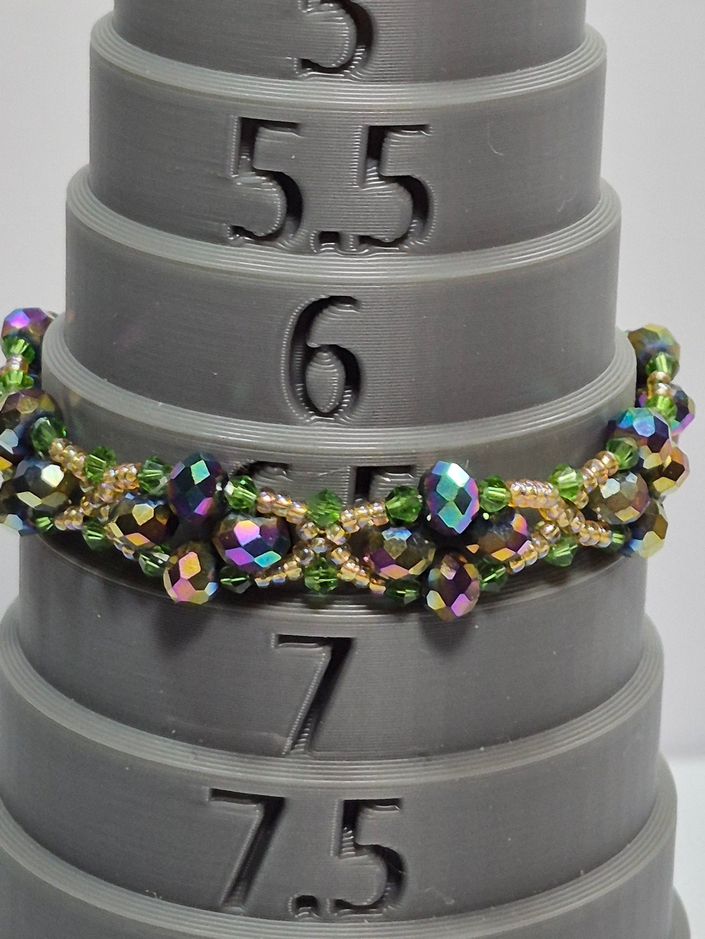 Forest Green & Gold Iridescent Woven Bracelet, Handmade Beaded Bracelet with Multicolor Rondelles & Green Crystal Bicones, Artisan Statement Jewelry, Gift for Her