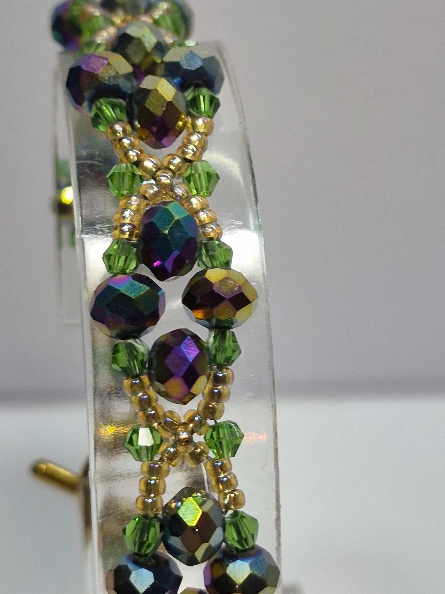 Forest Green & Gold Iridescent Woven Bracelet, Handmade Beaded Bracelet with Multicolor Rondelles & Green Crystal Bicones, Artisan Statement Jewelry, Gift for Her