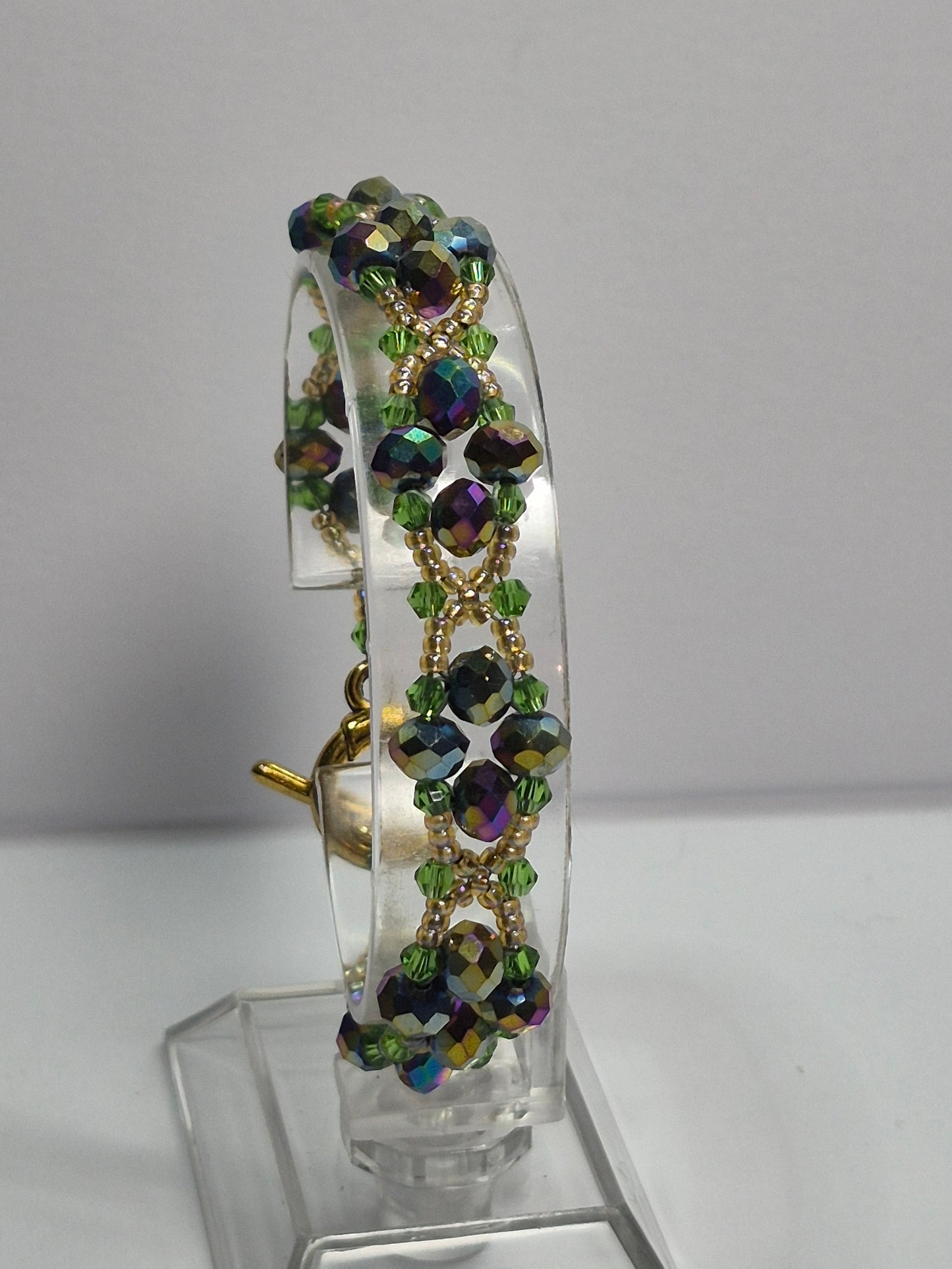 Forest Green & Gold Iridescent Woven Bracelet, Handmade Beaded Bracelet with Multicolor Rondelles & Green Crystal Bicones, Artisan Statement Jewelry, Gift for Her