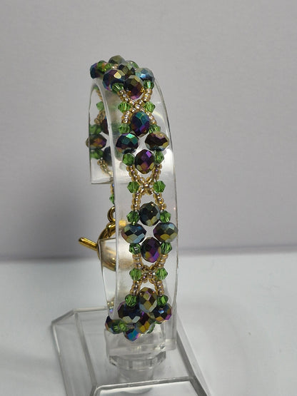 Forest Green & Gold Iridescent Woven Bracelet, Handmade Beaded Bracelet with Multicolor Rondelles & Green Crystal Bicones, Artisan Statement Jewelry, Gift for Her