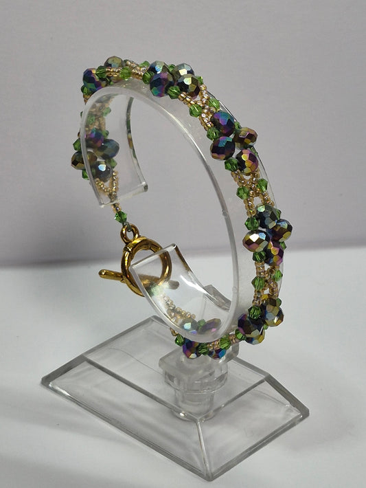 Forest Green & Gold Iridescent Woven Bracelet, Handmade Beaded Bracelet with Multicolor Rondelles & Green Crystal Bicones, Artisan Statement Jewelry, Gift for Her