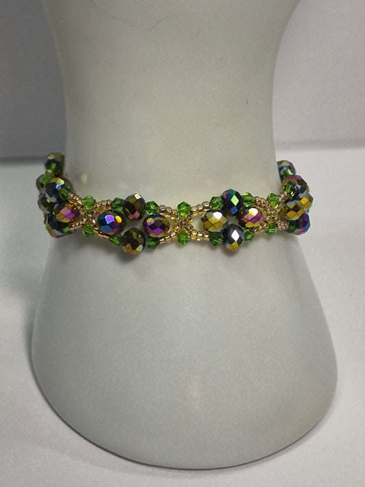 Forest Green & Gold Iridescent Woven Bracelet, Handmade Beaded Bracelet with Multicolor Rondelles & Green Crystal Bicones, Artisan Statement Jewelry, Gift for Her