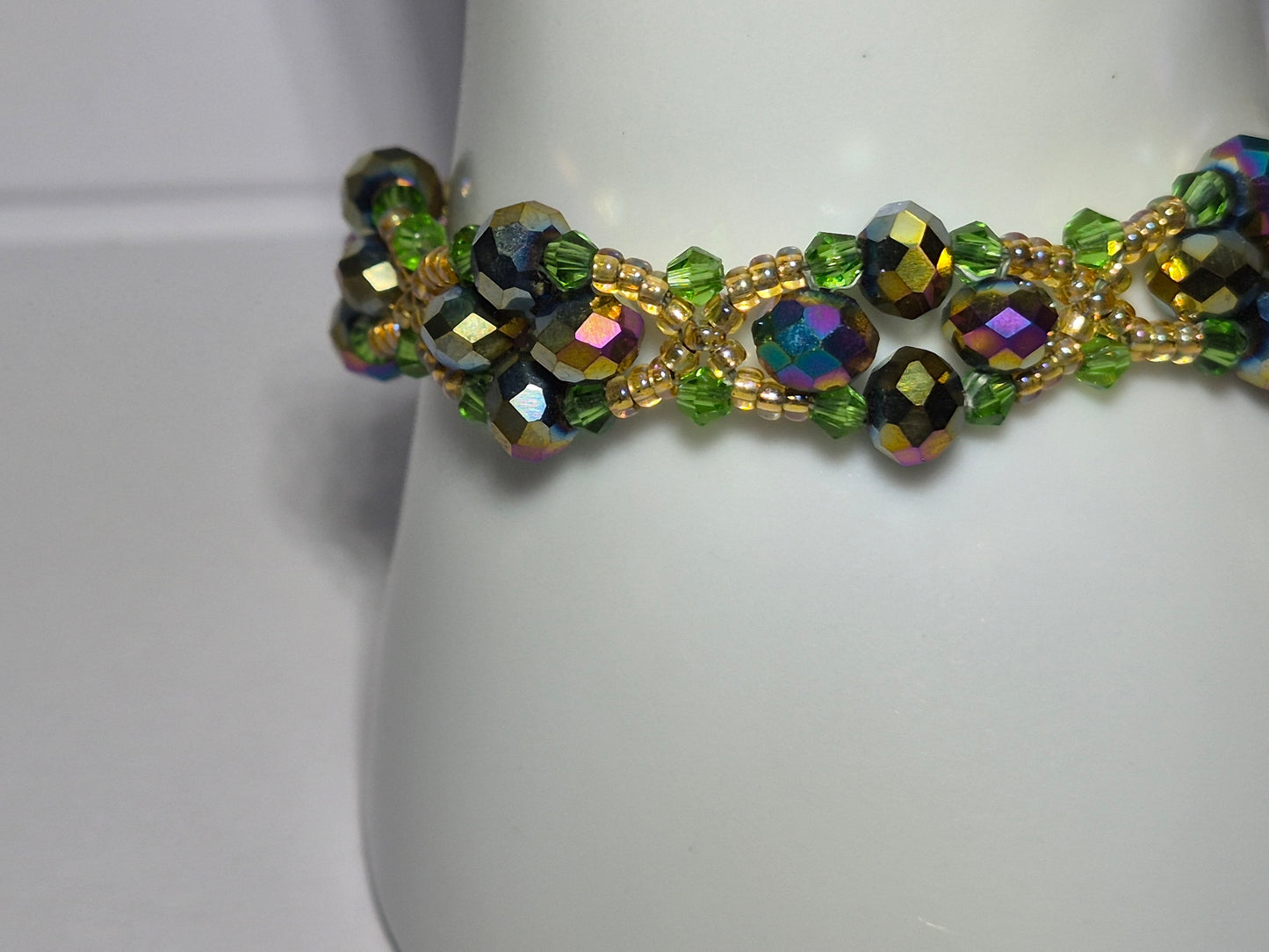 Forest Green & Gold Iridescent Woven Bracelet, Handmade Beaded Bracelet with Multicolor Rondelles & Green Crystal Bicones, Artisan Statement Jewelry, Gift for Her