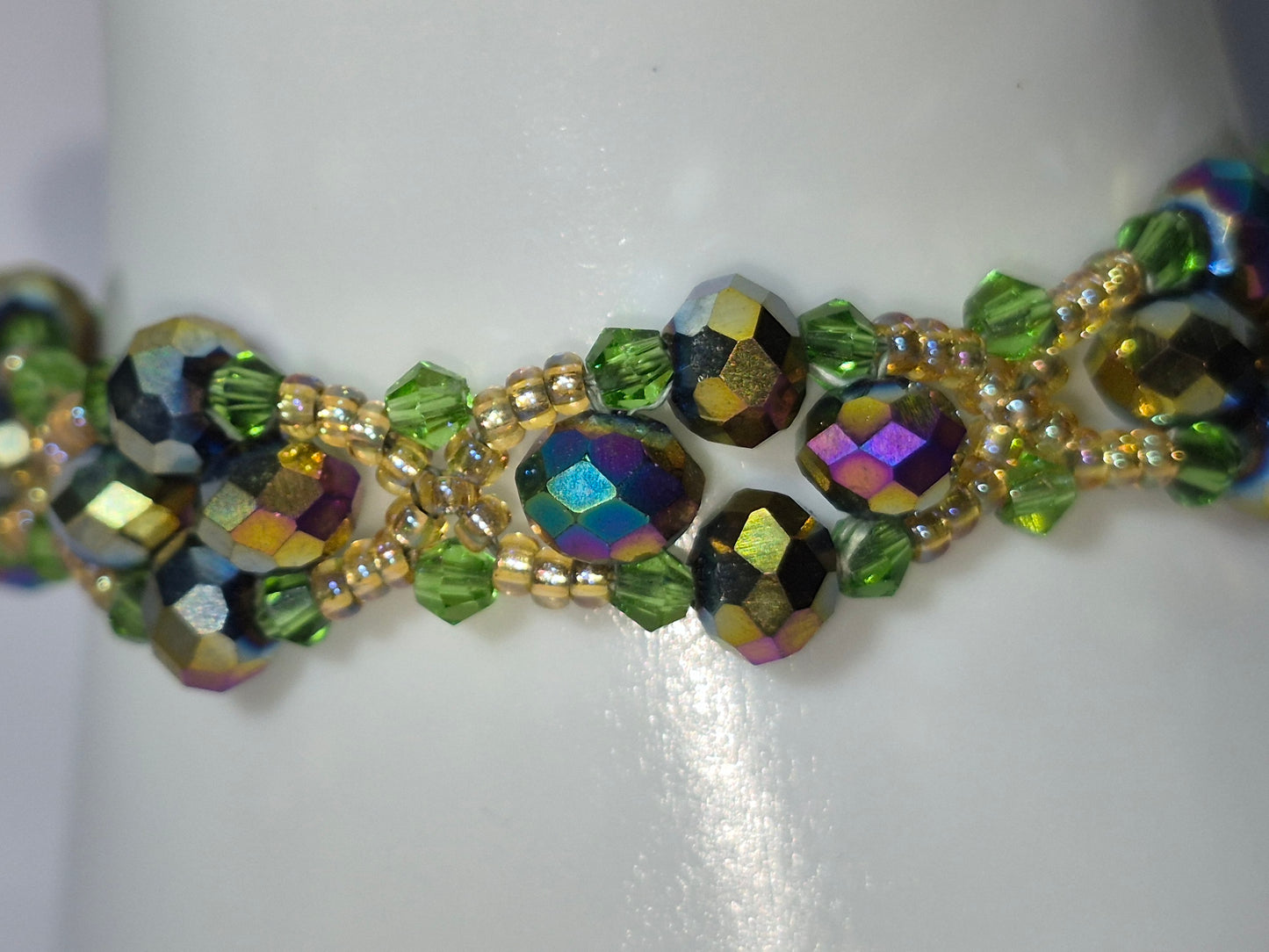 Forest Green & Gold Iridescent Woven Bracelet, Handmade Beaded Bracelet with Multicolor Rondelles & Green Crystal Bicones, Artisan Statement Jewelry, Gift for Her