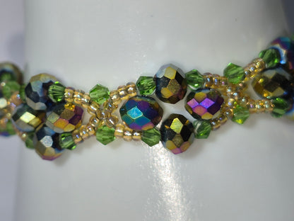 Forest Green & Gold Iridescent Woven Bracelet, Handmade Beaded Bracelet with Multicolor Rondelles & Green Crystal Bicones, Artisan Statement Jewelry, Gift for Her