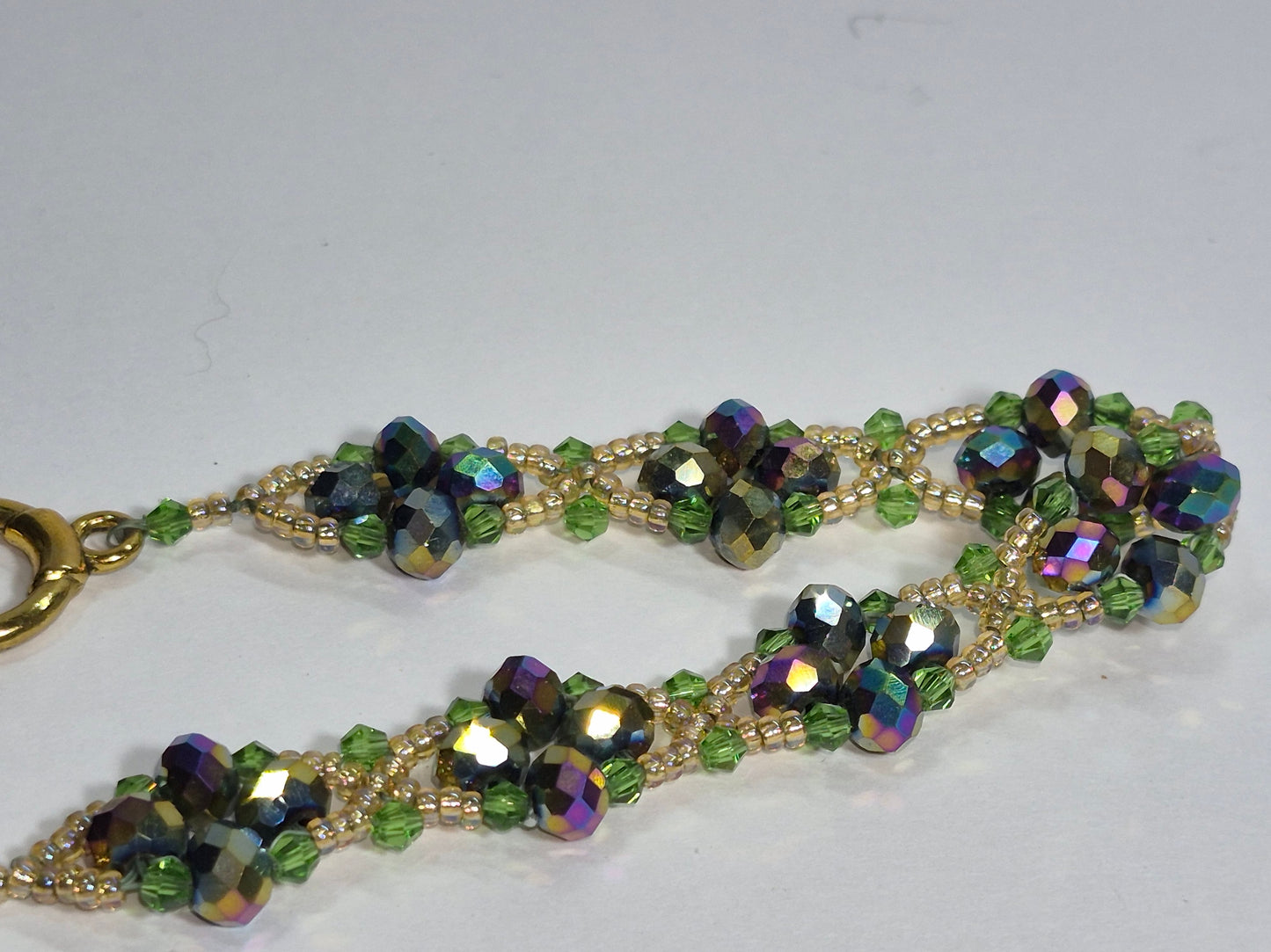 Forest Green & Gold Iridescent Woven Bracelet, Handmade Beaded Bracelet with Multicolor Rondelles & Green Crystal Bicones, Artisan Statement Jewelry, Gift for Her