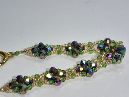 Forest Green & Gold Iridescent Woven Bracelet, Handmade Beaded Bracelet with Multicolor Rondelles & Green Crystal Bicones, Artisan Statement Jewelry, Gift for Her