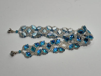 Ocean Blue Diamond Lattice Woven Bracelet, Handmade Czech Glass Bead Bracelet with Miyuki Seed Beads, Artisan Statement Jewelry, Gift for Her