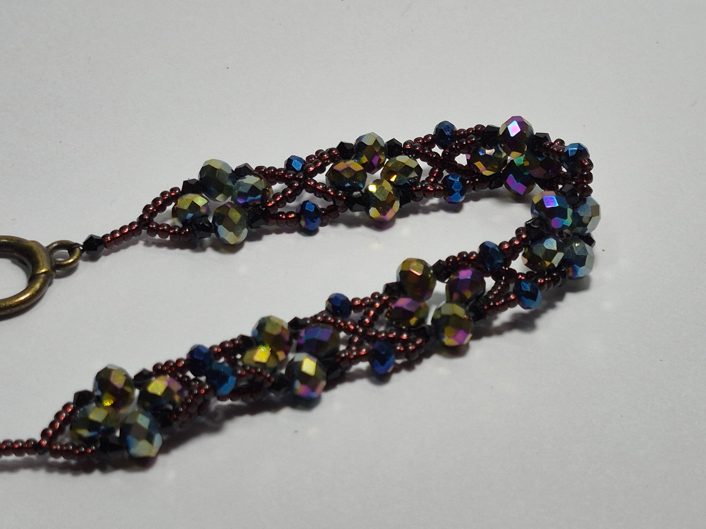Dark Iridescent Wave Woven Bracelet, Handmade Beaded Bracelet with Multicolor Rondelles & Purple Miyuki Seed Beads, Artisan Statement Jewelry, Gift for Her