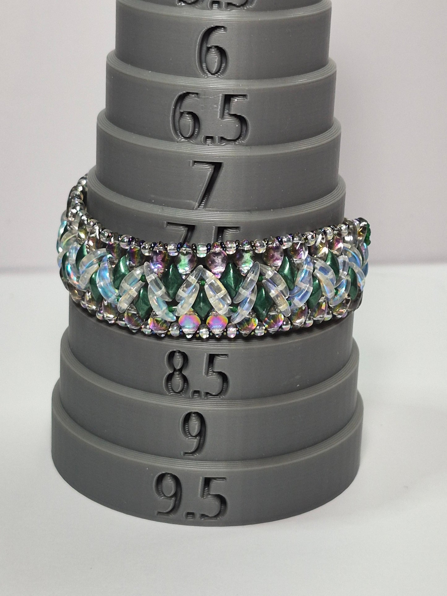 Emerald & Crystal AB Wide Cuff Woven Bracelet, Handmade Czech Glass Bead Bracelet with Iridescent Crescent Beads & Rainbow Border, Artisan Statement Jewelry, Gift for Her
