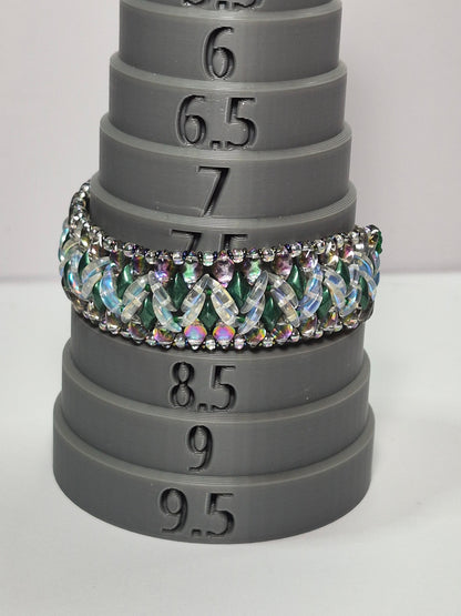 Emerald & Crystal AB Wide Cuff Woven Bracelet, Handmade Czech Glass Bead Bracelet with Iridescent Crescent Beads & Rainbow Border, Artisan Statement Jewelry, Gift for Her