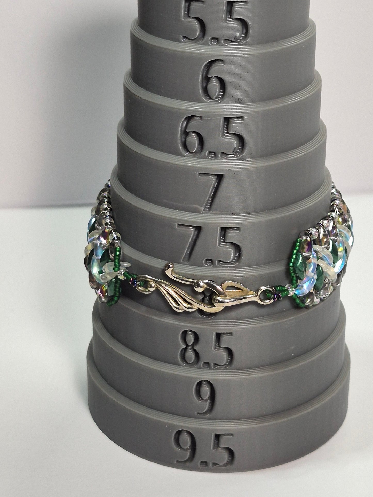 Emerald & Crystal AB Wide Cuff Woven Bracelet, Handmade Czech Glass Bead Bracelet with Iridescent Crescent Beads & Rainbow Border, Artisan Statement Jewelry, Gift for Her