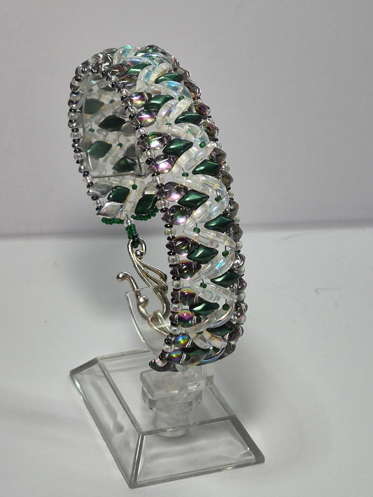 Emerald & Crystal AB Wide Cuff Woven Bracelet, Handmade Czech Glass Bead Bracelet with Iridescent Crescent Beads & Rainbow Border, Artisan Statement Jewelry, Gift for Her