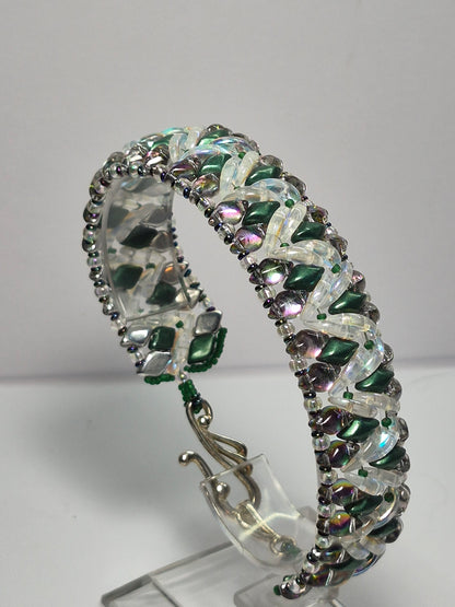 Emerald & Crystal AB Wide Cuff Woven Bracelet, Handmade Czech Glass Bead Bracelet with Iridescent Crescent Beads & Rainbow Border, Artisan Statement Jewelry, Gift for Her