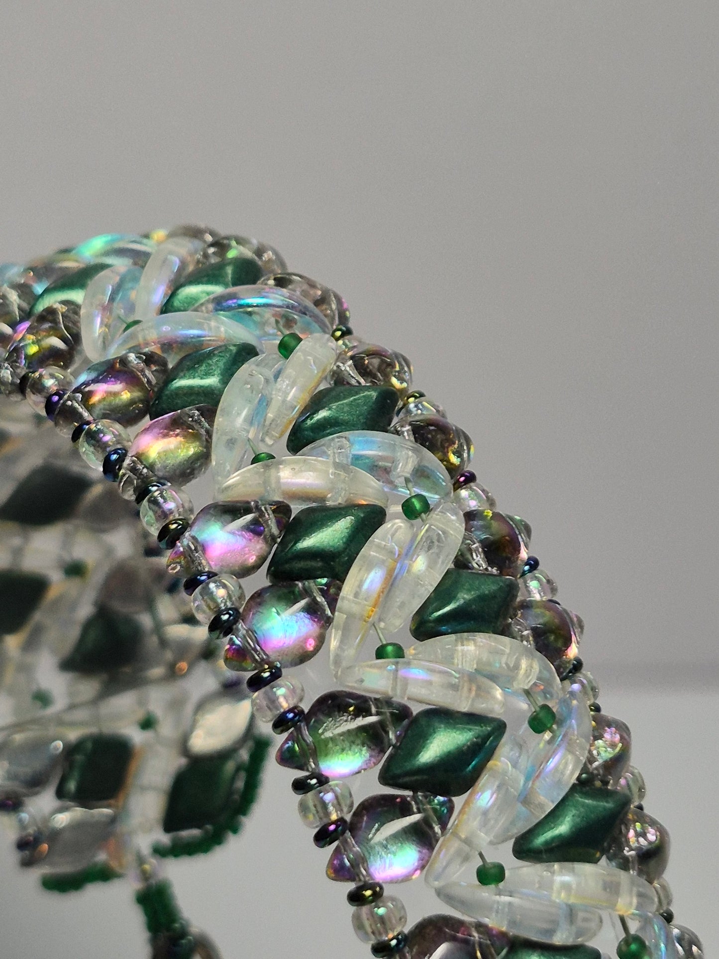 Emerald & Crystal AB Wide Cuff Woven Bracelet, Handmade Czech Glass Bead Bracelet with Iridescent Crescent Beads & Rainbow Border, Artisan Statement Jewelry, Gift for Her